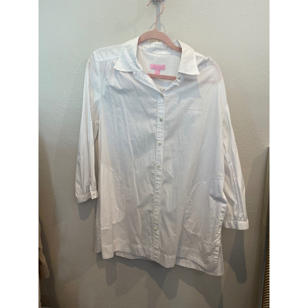 Lilly Pulitzer Womens White 100% Cotton Button Down Tunic Shirt Pockets Size L